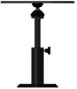 Preview: The image displays a simple, black table with a square tabletop. The table features a sturdy, cylindrical base and an adjustable mechanism for height modification.