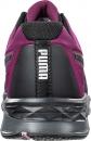 Preview: The image shows the rear view of a sporty shoe. It is primarily in dark black with purple accents. On the heel, the logo 