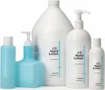 Preview: The image shows five bottles of hand lotion in various sizes. The containers are white and light blue, some featuring pump tops. All are labeled 