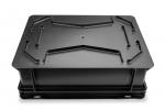 Preview: The image shows a black, flat box with a textured lid. The lid features a geometric embossing and the box itself has blunt edges and a solid shape. It appears sturdy.