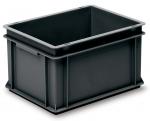 Preview: The image shows a rectangular, black plastic box without a lid. It has smooth walls, rounded corners, and a sturdy bottom. The box is practical for storing or transporting items.