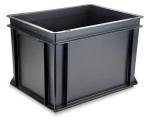 Preview: The image depicts a rectangular, black plastic box. It has tall, straight sides and is open at the top. The corners are rounded, and the surface is smooth and shiny.