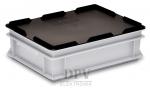 Preview: The image shows a rectangular plastic storage box. The box is translucent white with a black lid. The corners are rounded, and the lid has supports.