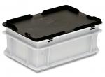 Preview: The image shows a rectangular storage box. It has a transparent, white body and a black lid with an easy grip. The box is sturdy and has side cutouts.