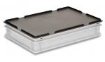 Preview: The image shows a rectangular, flat storage box. It has a transparent, glass bottom and a black, sturdy lid with side handles.