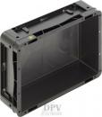 Preview: The image shows a black, rectangular plastic crate with open sides. It has reinforced corners and is empty inside. There are small notches at the top for handles or attachments.