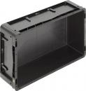 Preview: The image shows a black, rectangular plastic box without a lid. It has smooth walls and rounded corners, with handles on the sides for easy carrying.