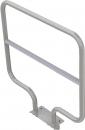 Preview: The image depicts a rectangular, freestanding metal railing. It features a top arch and a horizontal bar in the middle, with a sturdy base for mounting.
