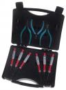 Preview: The image shows a toolbox. It contains two pliers with blue handles and several screwdrivers with red handles. The case is black and has a textured surface.