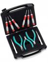 Preview: The image shows an open toolbox with black foam. Inside, there are various tools: four small screwdrivers with red handles, three pliers, and fine tweezers with colored handles.