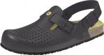 Preview: The image shows a black plastic clog shoe with ventilation holes. It has an adjustable strap over the instep and a light-colored insole. The sole is slip-resistant.
