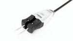 Preview: The image shows an electrical plug with two metallic contacts. The plug has a gray and black casing and a cable that extends to the right.