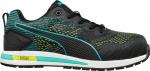 Preview: Der Schuh ist schwarz mit auffälligen grünen und blauen Akzenten. Er hat eine sportliche Form, eine strukturierte Oberfläche und eine dämpfende Sohle, die ihm Stabilität verleiht.