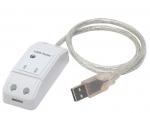 Preview: The image shows a USB relay. It has a rectangular, white shape with two buttons and two small LEDs. A transparent USB cable connects it to a computer.