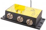 Preview: The image displays a black casing with a yellow top. It features three F-connectors and an antenna. The top includes inscriptions and symbols. The dimensions are compact and rectangular.