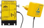 Preview: Das Bild zeigt eine gelbe Erdungsbox mit mehreren Anschlüssen und einem Stecker. Auf der Box sind technische Symbole und Beschriftungen. Der Stecker hat ein ESD-Symbol. Alles hat eine technische Funktion.