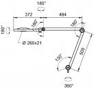 Preview: The image shows a technical drawing of an articulated arm. It consists of several movable parts, with specific dimensions and rotation angles, mounted at a fixed point.