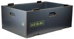 Preview: The image shows a rectangular, black cardboard box with two side handles. The top edge is open and it has a matte surface. On one side, yellow information is printed.
