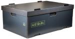Preview: The box is rectangular, made of black cardboard with a smooth surface. It has a flat top and side handle openings. On the front, there are some symbols and labels in yellow.