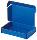 Preview: The image shows a blue cardboard box. It is open, with folded flaps on top. The interior is also blue and flat, ideal for storing items.