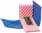 Preview: The image shows an open cardboard box with a blue exterior and pink foam inside. Inside lies an electronic circuit board. The foam is meant to protect the circuit board.