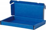 Preview: The image shows an open, rectangular box made of blue cardboard. The side walls are folded up, the bottom is flat, and the interior surface is smooth and unpatterned.