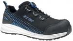 Preview: The shoe is black with blue accents and a grid-like pattern. It has a reinforced toe and a quick lacing system with a twist mechanism.