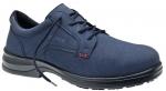 Preview: The shoe is a navy blue, lace-up half shoe with a sturdy, black sole. The upper material appears smooth and is simply designed, with red accents at the eyelets.