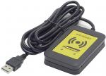 Preview: The image shows an RFID reader with a black casing and a yellow marking. A cable with a USB connection leads away from it. The reader is used for wireless data transmission.