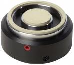 Preview: The image shows a round, black speaker with a central, bright membrane. It has a red and a black connector on the side. The outer edge is smooth and shiny.