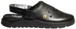 Preview: The image shows a black clog with an open heel area and a strap for secure fastening. The sole is thick and treaded, and the upper part has small holes for ventilation.