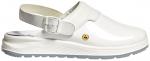 Preview: The image shows a white clog with a wide, narrow strap and a removable sole. The surface is shiny, and there is a small logo on the side.