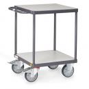 Preview: Das Bild zeigt einen einfachen, zweistufigen Servierwagen mit einem grauen Metallrahmen. Er hat zwei Ebenen, eine obere und eine untere, sowie vier Rollen für Mobilität.