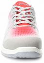 Preview: The image displays an athletic shoe. It is primarily gray with a red-white upper. The laces are gray, and the shoe features a cushioning, white sole.