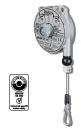 Preview: The image shows a metal dispenser with a round, flat back, a central shaft, and a retractable wire rope. Next to it, a safety label is depicted.