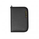 Preview: The image shows a black, rectangular wallet or case with a zipper. The surface is smooth, and there is a small yellow logo on the front.