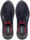 Preview: Here are two black athletic shoes with a smooth upper. They have a round toe cap, a comfortable shaft, and black laces with red accents.