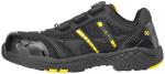 Preview: The shoe is black with yellow accents. It has a reinforced toe cap and elastic laces. The sole is grippy and provides good traction. Ideal for work or leisure.