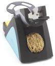 Preview: The image shows a black electric sanding block with a blue side. It has a holder on top and a round sanding brush made of golden wires.