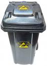 Preview: The waste container is black with a yellow hazard symbol indicating radioactive materials. It has a solid lid and wheels for transportation.