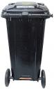 Preview: The image shows a black trash can with two wheels. It has a solid lid that is secured with a lock. The front is smooth and straight.
