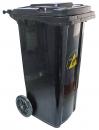 Preview: The garbage container is black, has two wheels for movement, and a removable lid. On the front, there is a warning sign with a yellow triangle.