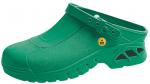 Preview: Das Bild zeigt einen grünen Clog-Schuh aus Kunststoff. Er hat eine geschlossene Vorderseite, einen verstellbaren Riemen an der Ferse und Lüftungsschlitze an den Seiten.