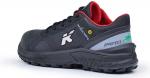Preview: Der Schuh ist ein schwarzer Sneaker mit roten Akzenten. Er hat ein sportliches Design, ein verstärktes Profil und eine rutschfeste Sohle. Auf der Seite sind Logos und Hinweise auf die Technologie.
