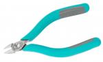 Preview: The image shows a pair of flat side cutters with turquoise, ergonomic handles. The cutting surfaces are silver-colored and taper to a point, ideal for cutting fine materials.