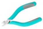 Preview: This is a pair of pliers with grippy, turquoise and gray plastic handles. The pliers have a sharp, curved cutting edge at the tip, ideal for cutting wires.