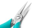 Preview: The image displays a fine pair of pliers with sharp, polished stainless steel jaws. The handle is in a light turquoise. Manufacturer information is embossed on the pliers.