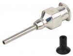Preview: The image displays a metallic nozzle with a thin, long tube, positioned on the left side. Next to it is a black, rubberized cap. The nozzle is shiny and has a hexagonal base.