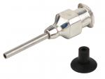 Preview: The image displays a silver metal syringe adapter with a long, thin outlet. Next to it is a black, rubberized end, likely serving as a cap.