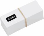 Preview: The image shows a rectangular, white block held together by a rubber band. On the top side, there is a black label with the inscription 